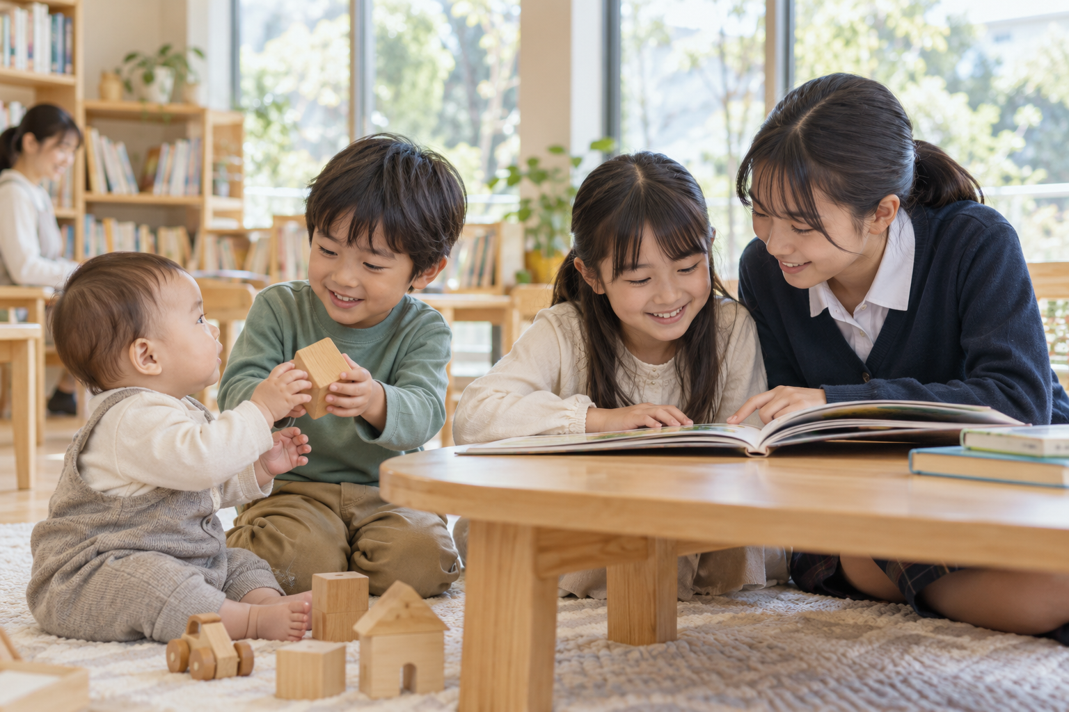 赤ちゃんから中学生までのこどもたちが、絵本や積み木を囲んで学びを楽しむイメージ